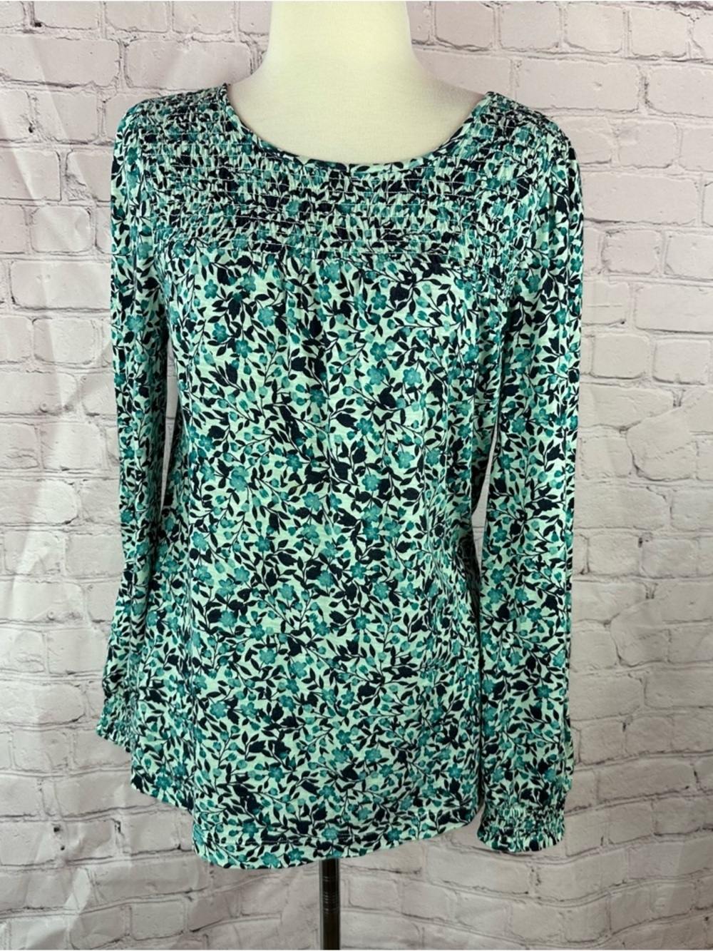 J. jill Teal Navy Floral Long-Sleeve Top women XS boho peasant cottage